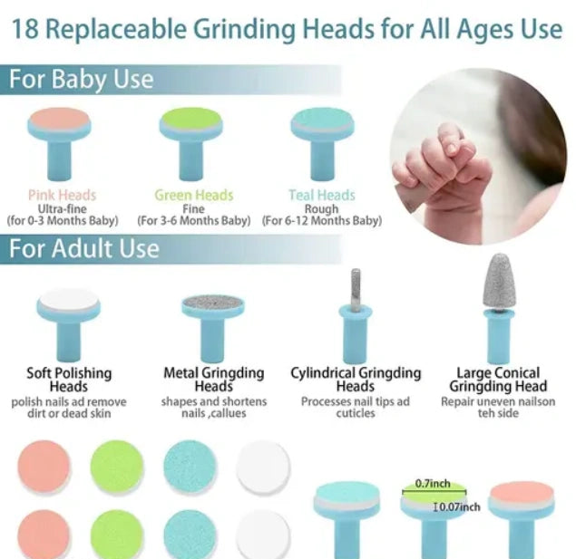 Baby Electric Nail Trimmer with 6 Grinding Heads – Safe & Silent Nail Cutter Kit for Newborns, Toddlers, and Kids (Buy 2 Get Special Discount)