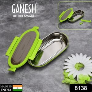 8138 Ganesh Solo Oval 650 Stainless Steel Leak proof airtight Lunch Pack for Office & School Use