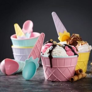 5319  4 pc Ice Cream Bowl Plastic Solid Colour Cream Cup Couple Bowl with Spoon. Ice Cream Spoon & Bowl Set, 4 Pc Set of Ice Cream Bowl & Spoon (Multi Color)