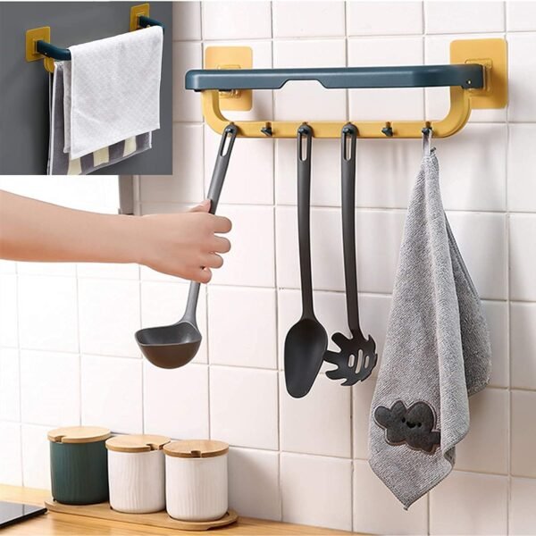 1515 Wall Mounted Double Bar Towel Holder with Hooks | Multifunctional Adjustable Towels Rack for Kitchen/Bathroom | Folding Towel Shelf