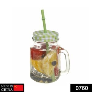 0760 Drinking Cup/Glass/Mug Mason Jar with Handle & Straw