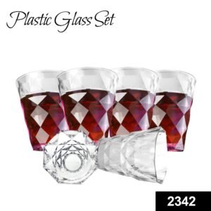 2342 Heavy unbreakable Stylish Diamond look fully Transparent Plastic Glasses Set 260ml (6pcs)