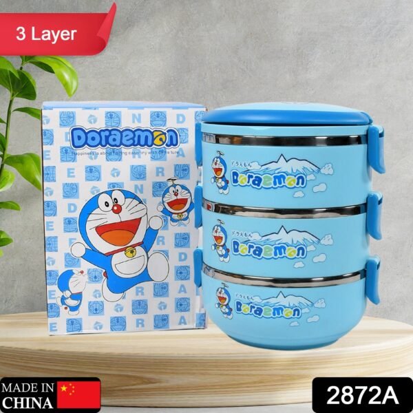 2872A 3 Layer Doraemon Lunch Box Tiffin High Quality Steel Lunch Box  3 Layer Tiffin For School ,Office & Traveling Use